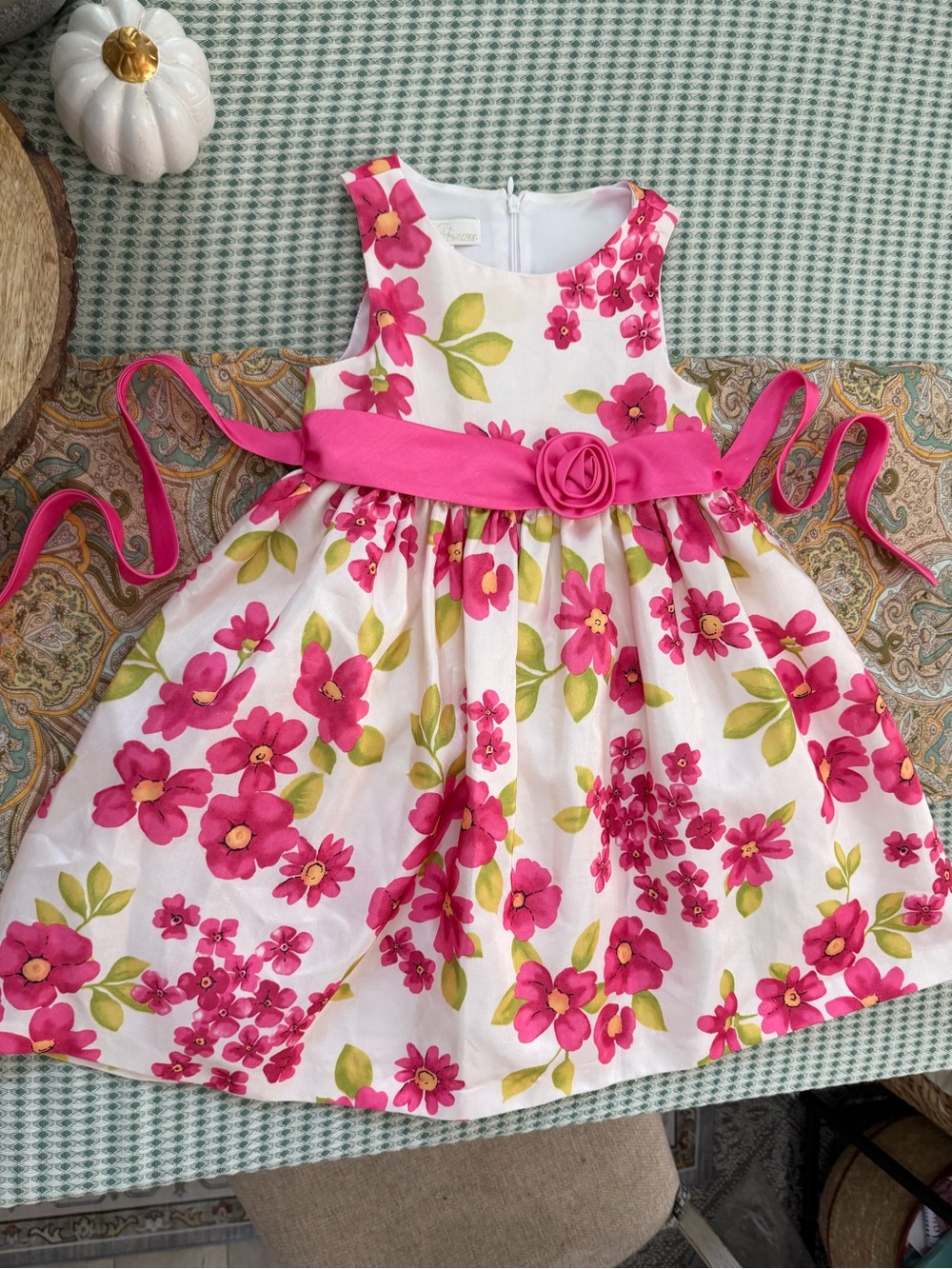 American Princess White Dress with Pink Floral Print and Pink Sash